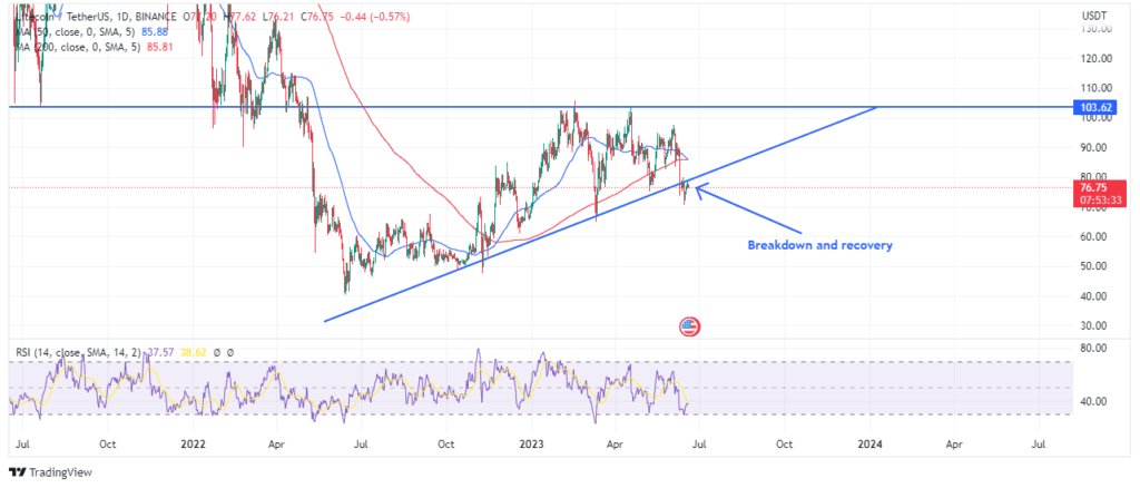 Litecoin coins in ascending triangle