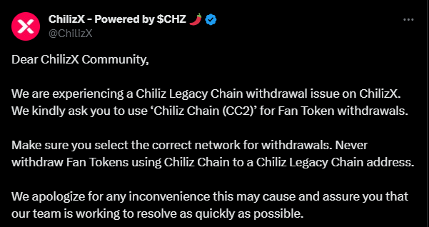 Withdrawal issues on the chiliz network