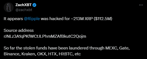 Over 200 million xrp tokens stolen