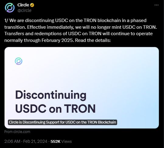 Discontinuing usdc on tron