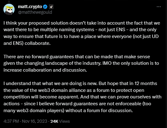 The response from unstoppable domains