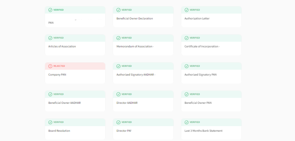 Documents submitted for company account on an indian crypto exchange