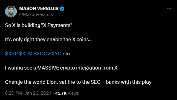 Speculation about a possible crypto integration with X