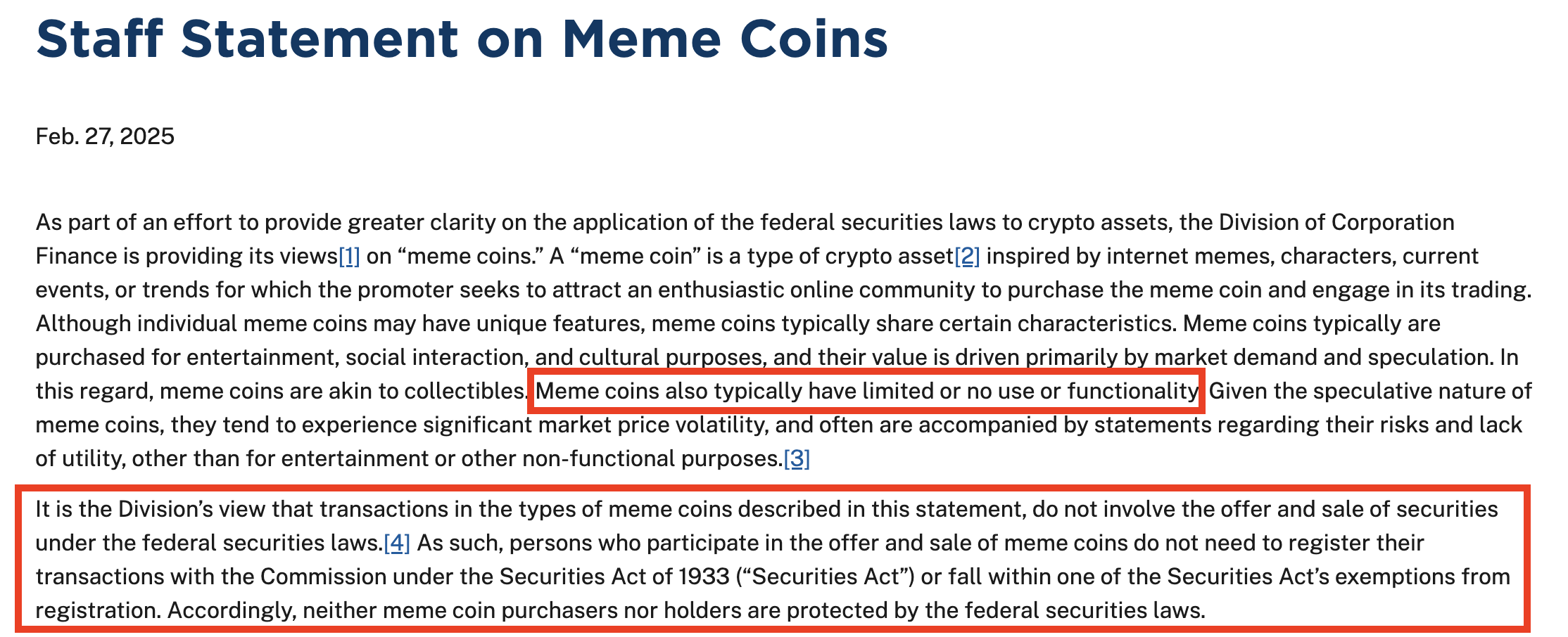 SEC Classifies Memecoins as "Not Securities"