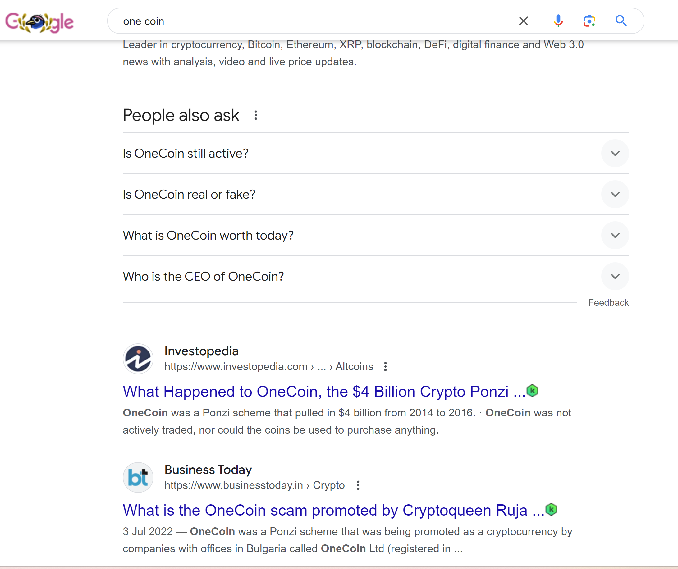 Google search result for onecoin