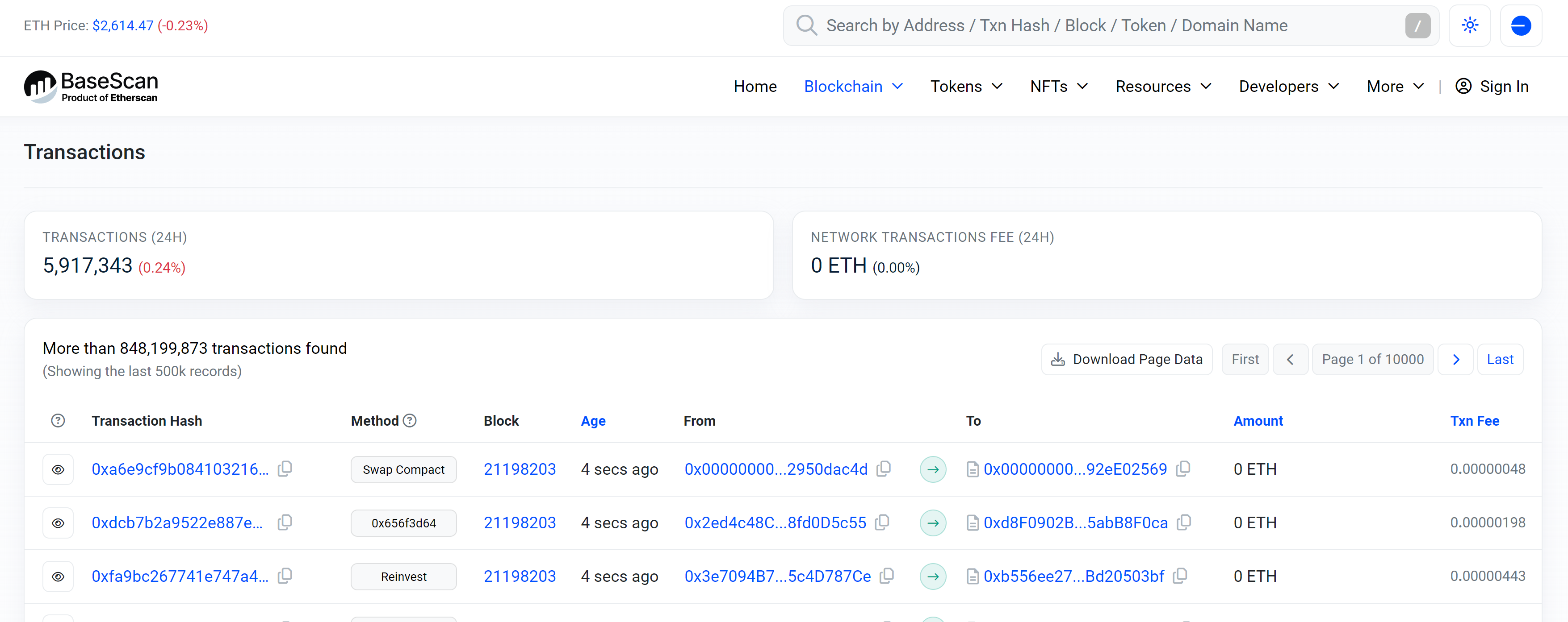 Base blockchain explorer showing transaction data