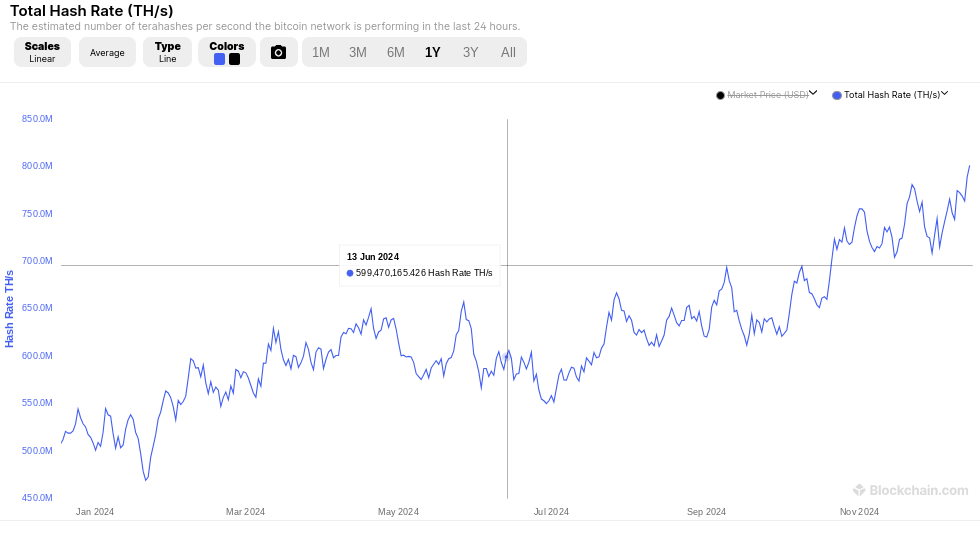 Bitcoin hashrate growth in 2024