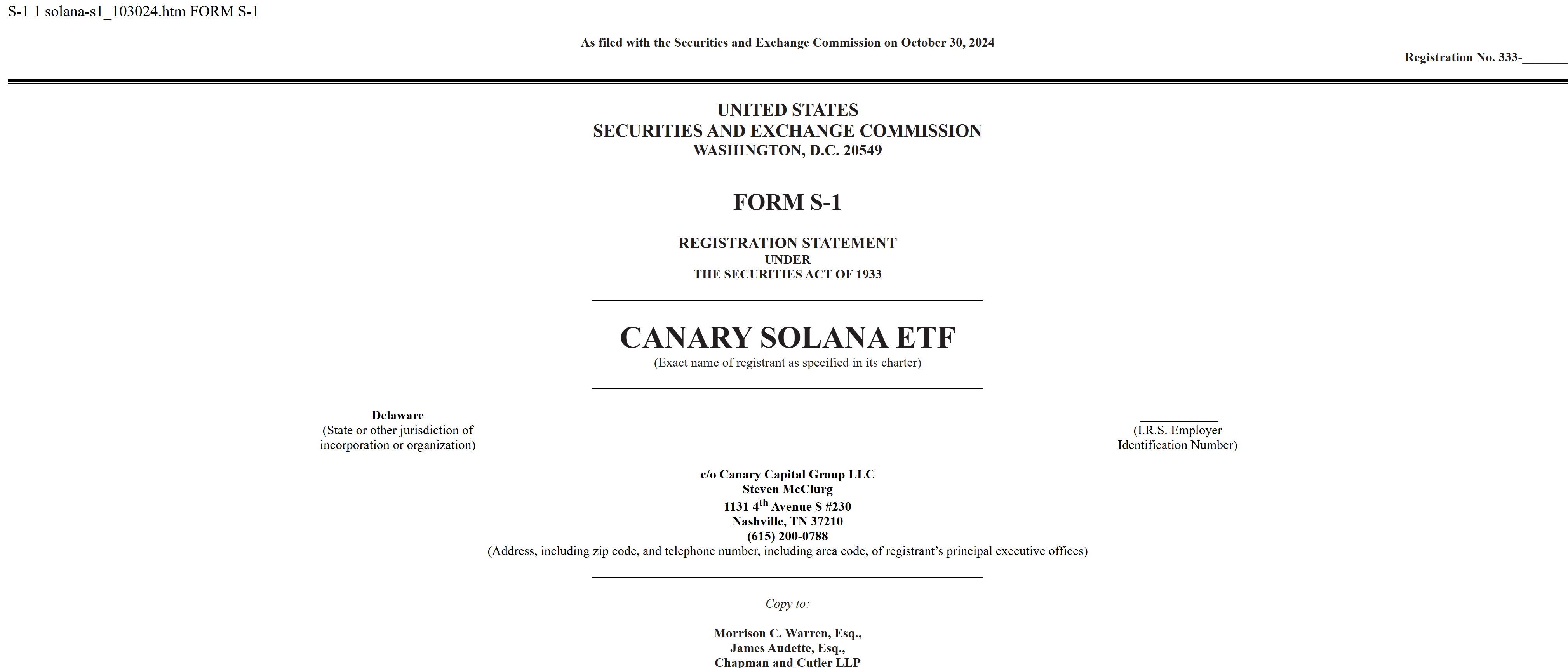 Canary solana etf s-1 application snapshot