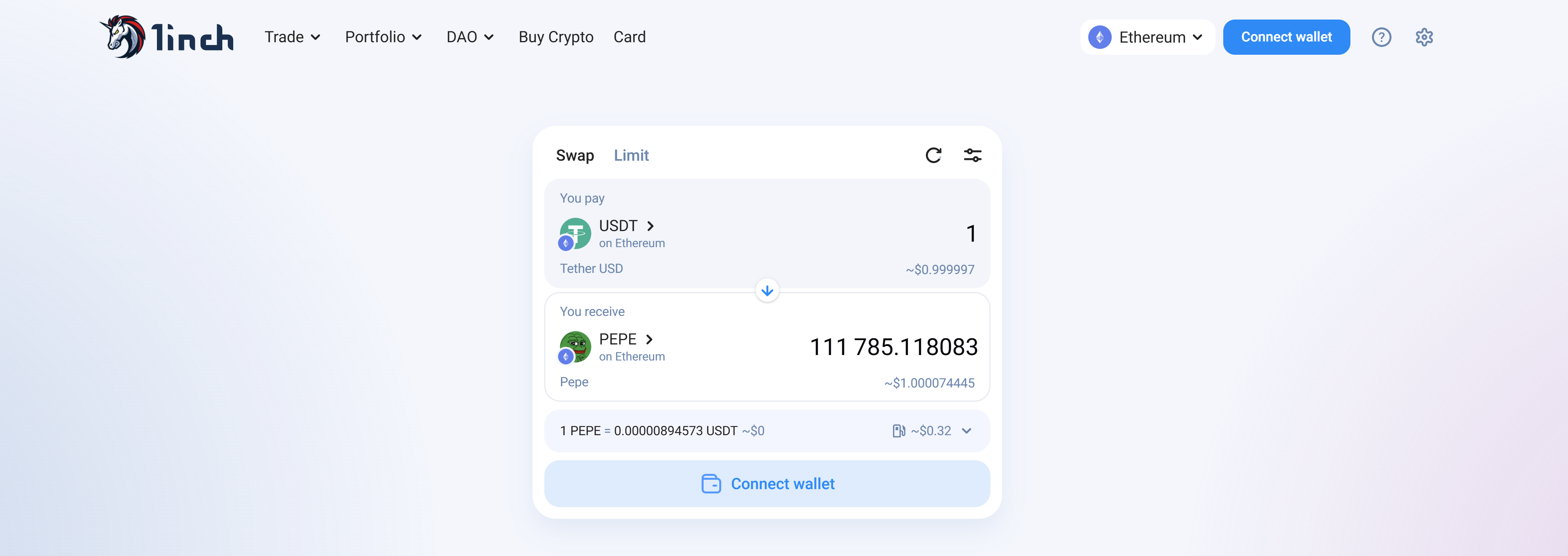 Buying pepe from 1inch dex aggregator