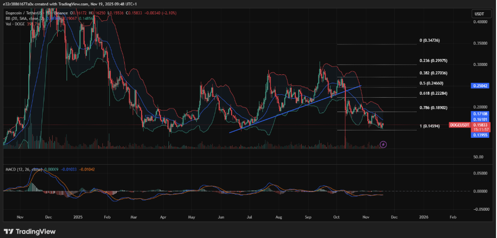 DOGE trades near $0.16 support ahead of the Dogecoin ETF launch, down 47% from September highs as traders watch for signs of accumulation or further breakdown. | source: TradingView
